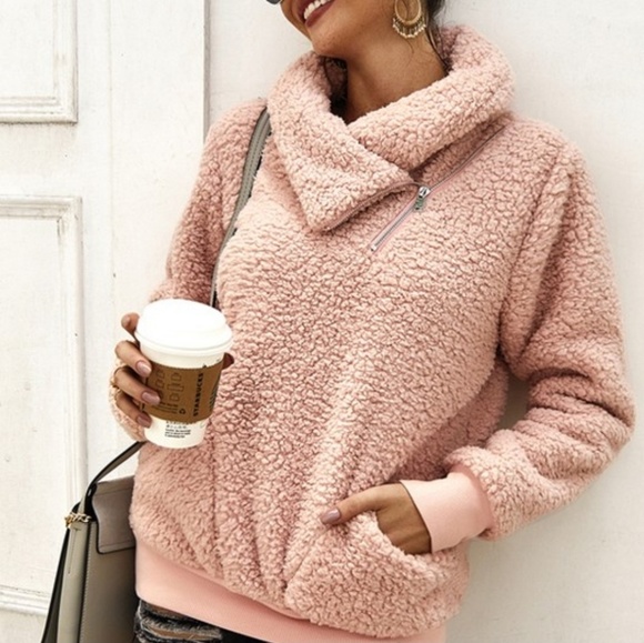 Sweetbb Sweaters - IN STOCK Blush Zippered Collar Faux Fur Pullover